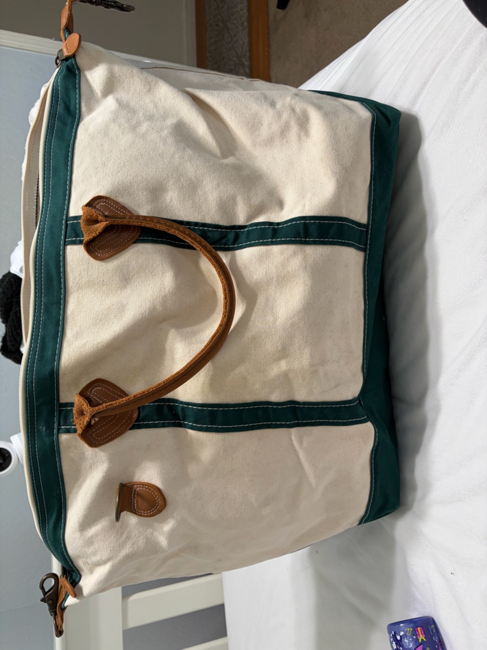 L.L. Bean Cream Canvas Weekender with Green Trim and Brown Leather Handles